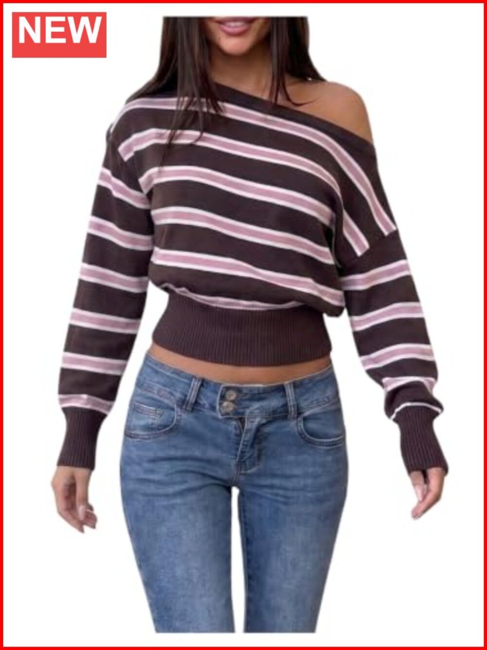 Off Shoulder Striped Knit Pullover Sweater Cinched Waist Y2K Top